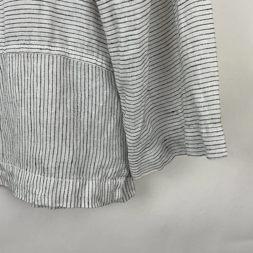 TAHARI 3/4 sleeve pullover top thin black stripes on white linen M - Picture 5 of 9